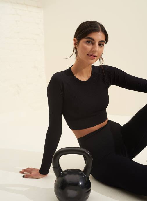 kvinnor AIM'N svart ribbad sömlös lång ärm Kläder NBT4302