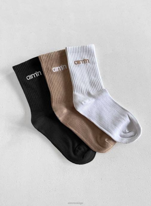 kvinnor AIM'N svarta/vita/espressosockor med logotyp 3-pack Tillbehör NBT4770